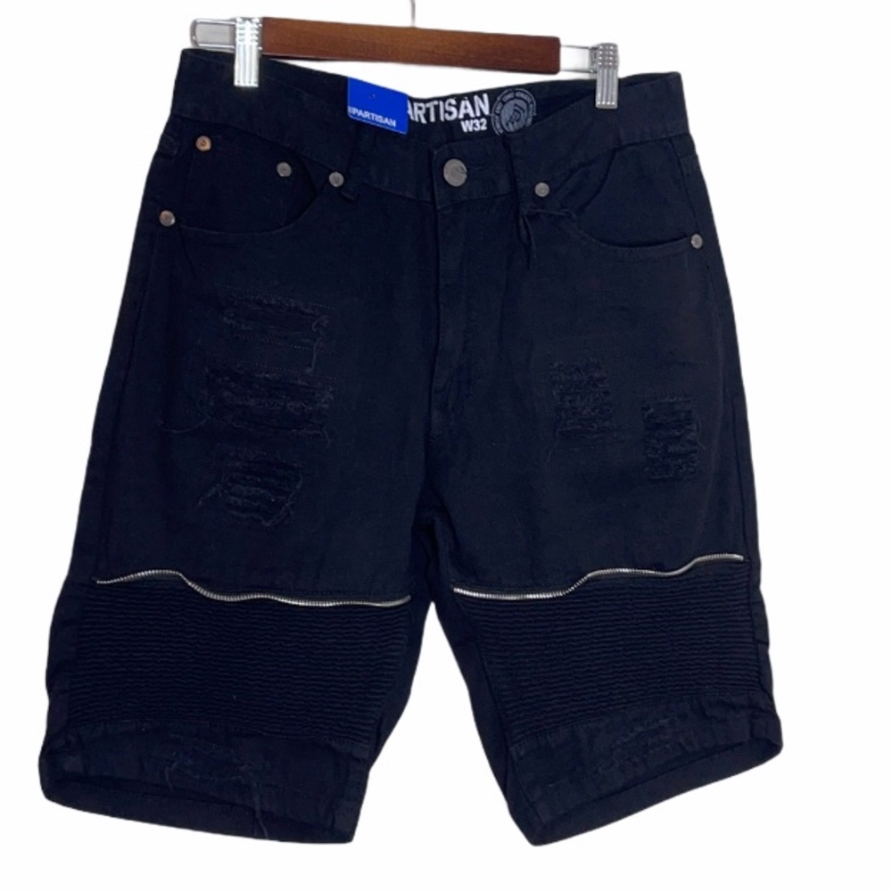 Partisan Black Distressed Zipper Detail Shorts